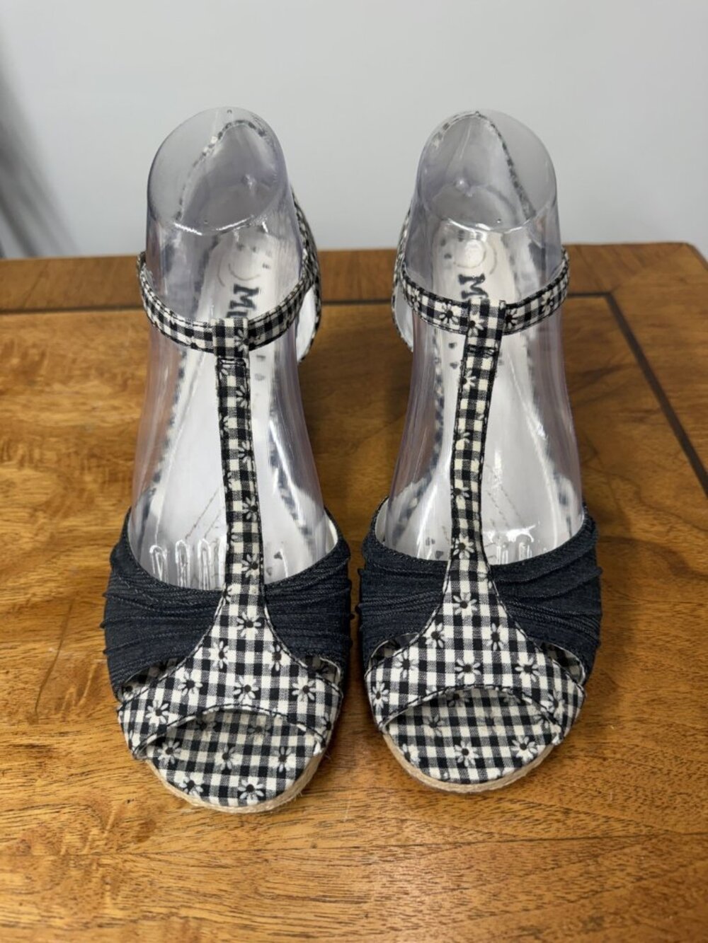 Vtg Y2K Mudd 10 Gray Chunky Sandals Platform Block Heels Ankle T Strap Gingham